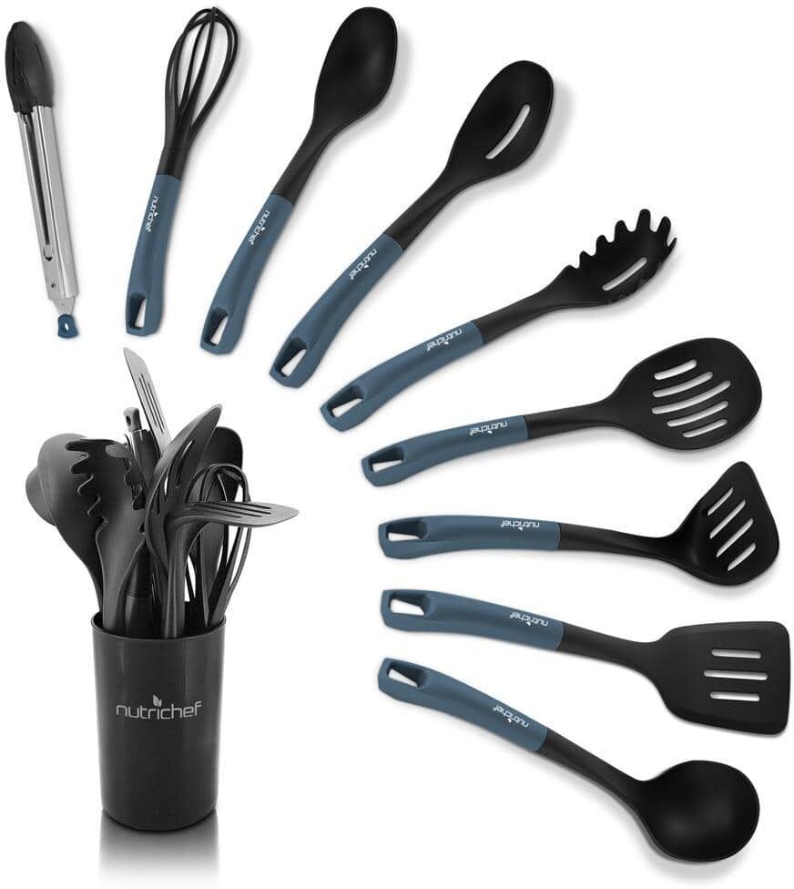 NutriChef 10 Pcs. Silicone Heat Resistant Kitchen Cooking Utensils Set - Non-Stick Baking Tools with PP Holder (Blue and Black)