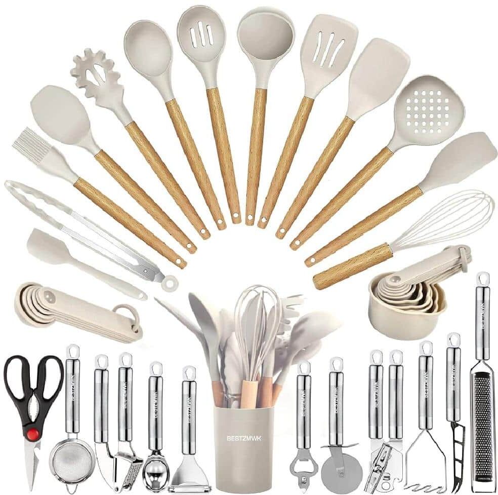 Aoibox 35-Piece Wooden Handle Nonstick Silicon Kitchen Utensils Cookware Set with Grater, Tongs, Spoon Spatula & Turner, Khaki