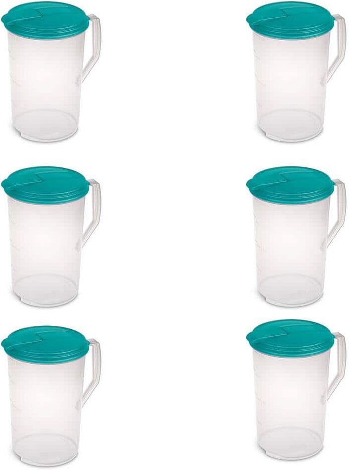 Sterilite 1 gal. Teal Round Plastic Clear Pitcher and Spout with Color Lid Drawer Organizer (6-Pack)