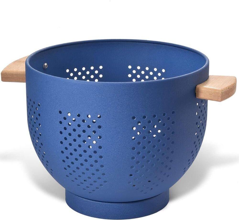 Aoibox 5.5 Qt. Large Metal with Wood Handle Kitchen Colander Stable Base, Deep Blue