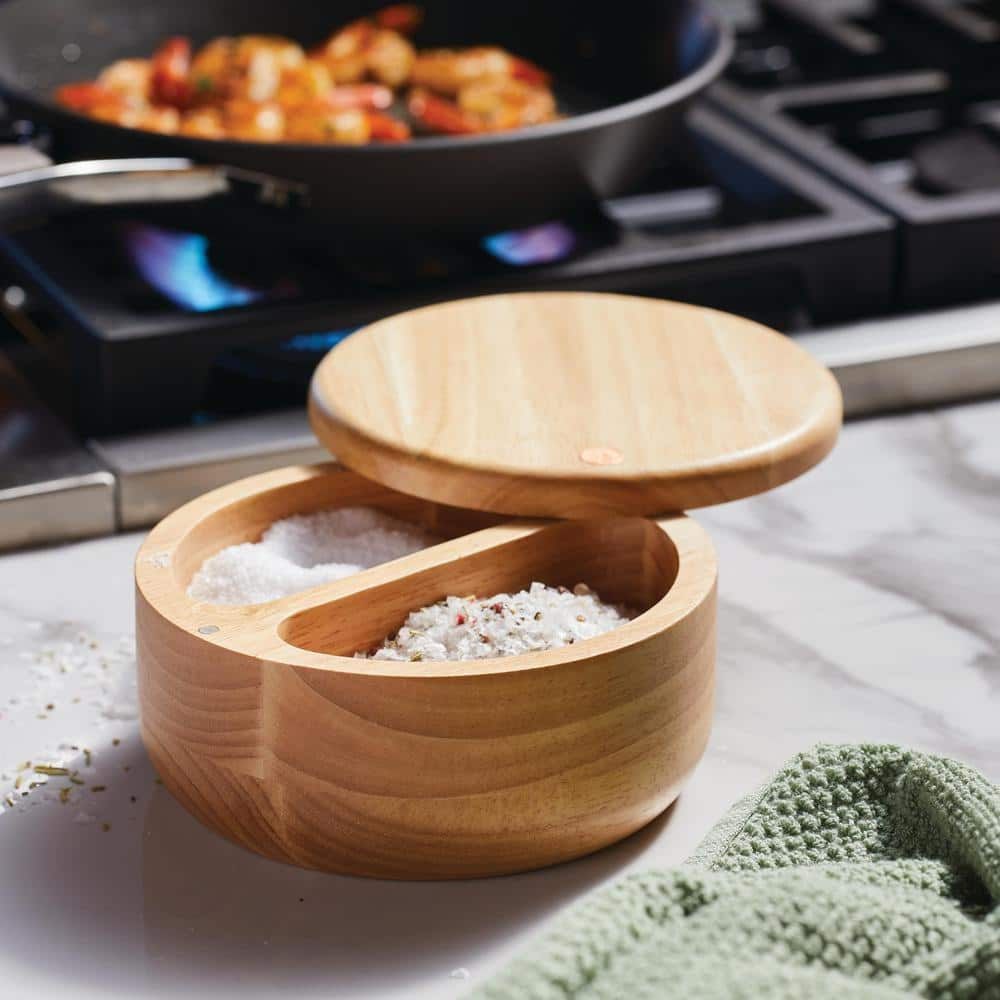 Ayesha Curry Pantryware Parawood Round Wooden Salt and Spice Box with 2 Compartments 17 oz.