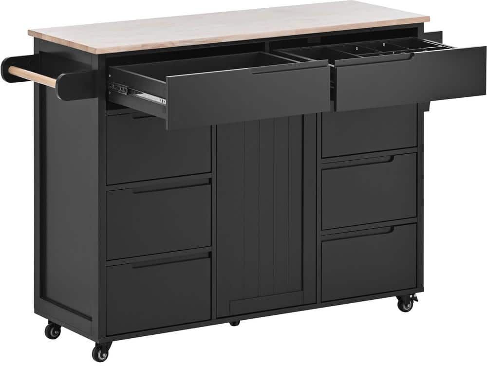 Black Rubber Wood Countertop 53.1 in. W Kitchen Island with Adjustable Shelves, Spice Rack, Towel Holder