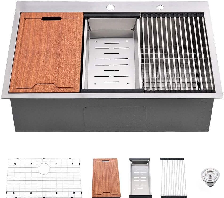 30 in. Drop in Single Bowl Brushed Nickel Stainless Steel Kitchen Sink with Bottom Grid, Colander and Cutting Board