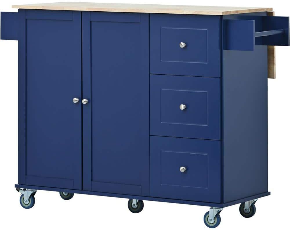 ARTCHIRLY Brown Solid Wood Top 52.7 in. Dark blue Kitchen Island with Drop Leaf Breakfast Barand Drawer