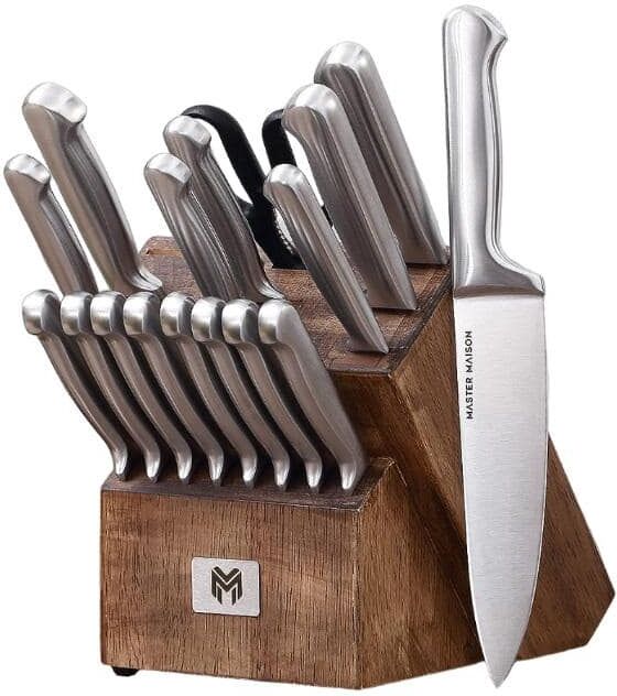 Aoibox 19-Piece Stainless Steel Kitchen Knife Set with Wooden Knife Block, Silver