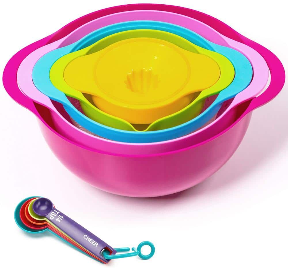 CHEER COLLECTION 10-Piece Assorted Colors Nested Bowl Set with Mixing Bowls, Juicer and Measuring Spoon