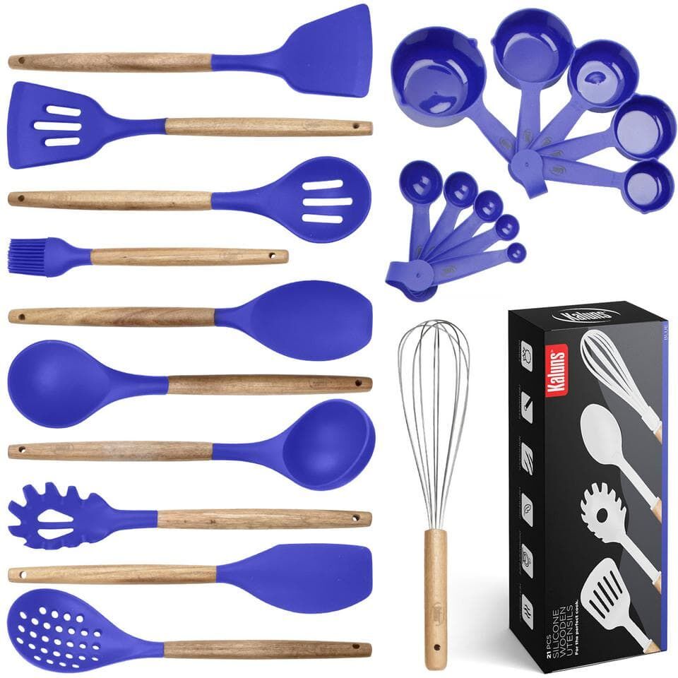 Kaluns Blue Utensils Wood And Silicone Cooking Utensil Set (SetoOf 21)