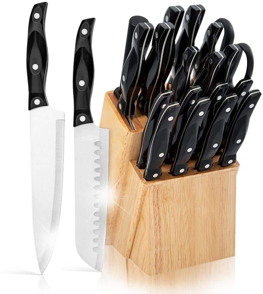 Bunpeony 19-Piece Stainless Steel Knife Set with Wooden Storage Block