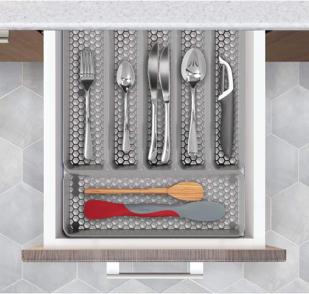 Spectrum Hexa Stone Gray 6-Divider Expandable Silverware Tray, Easy-to-Clean Modern Kitchen Storage and Cutlery Utensil Holders