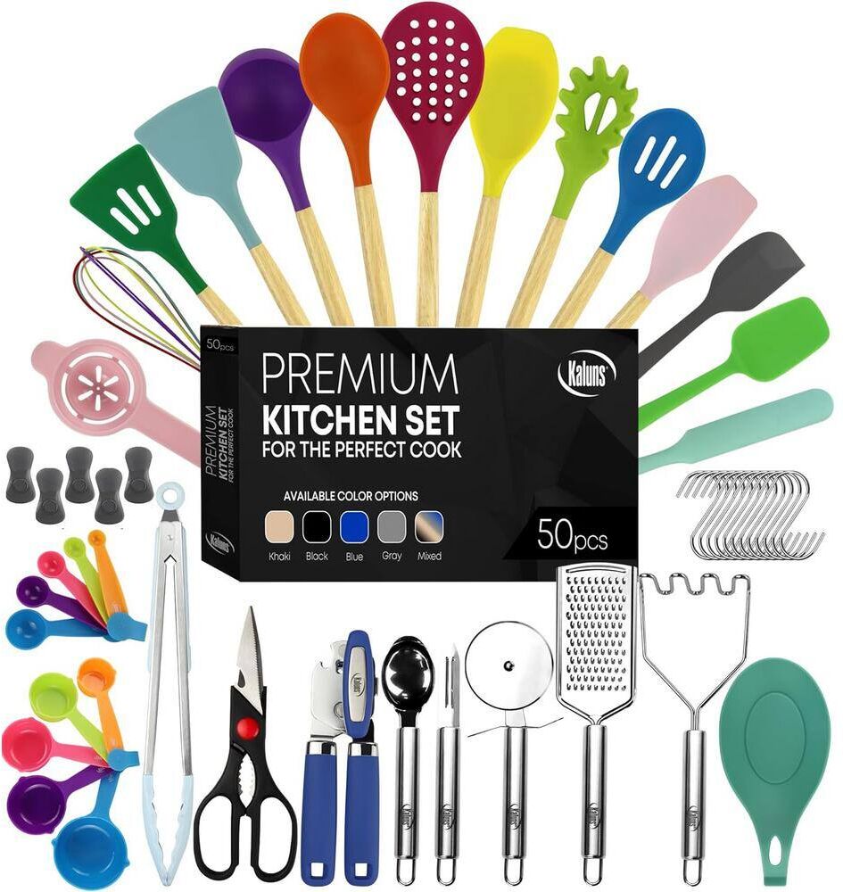 Kaluns Multicolored 50-Piece Set of Silicone Kitchen Utensils, Complete Kitchen Set, Premium Silicone Cooking Utensils