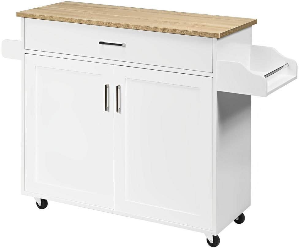 Bunpeony White Wood 45.5 in. Kitchen Island with Towel and Spice Rack