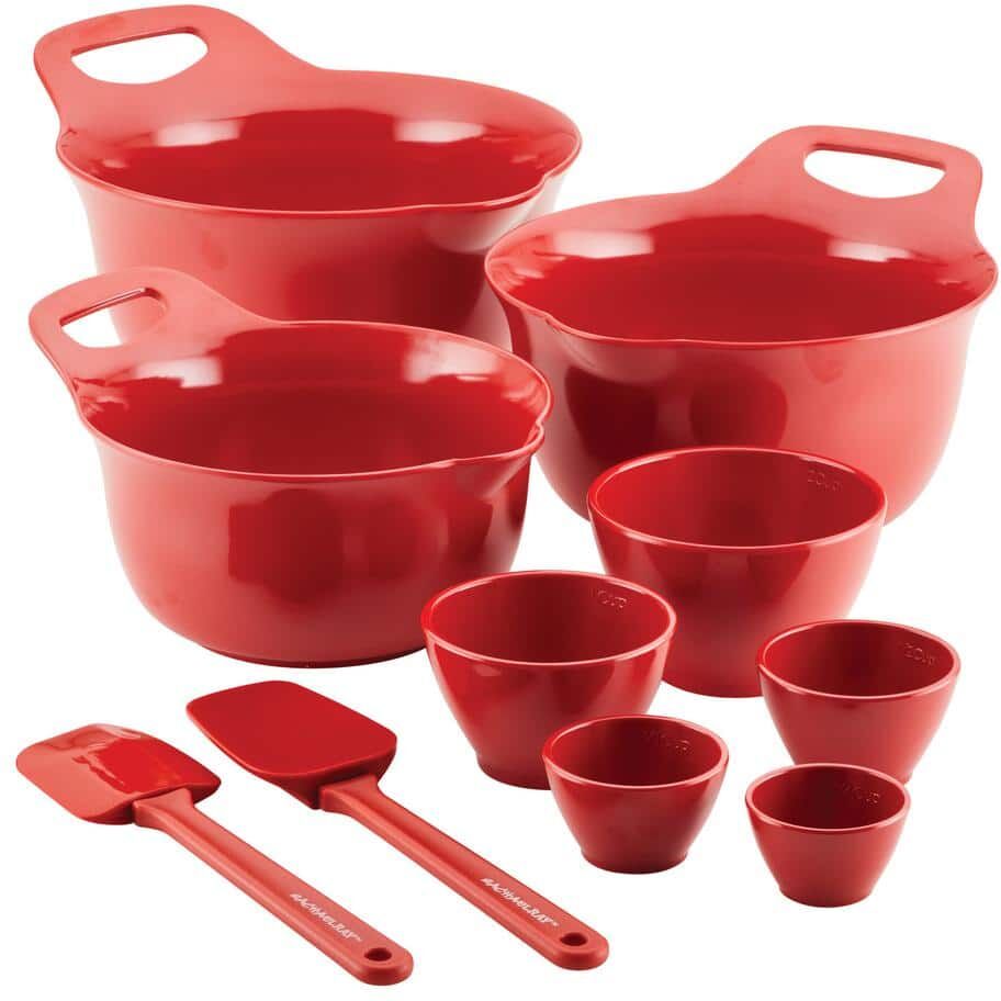 Rachael Ray Mix and Measure Mixing Bowl Measuring Cup and Utensil Set, 10-Piece, Red