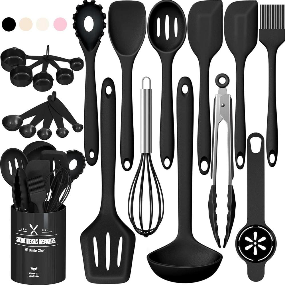 Aoibox 22-Piece Cooking Utensils Spatula Set Heat Resistant Non-Stick Silicone, Dishwasher Safe Cooking Gadgets Tools Set Black