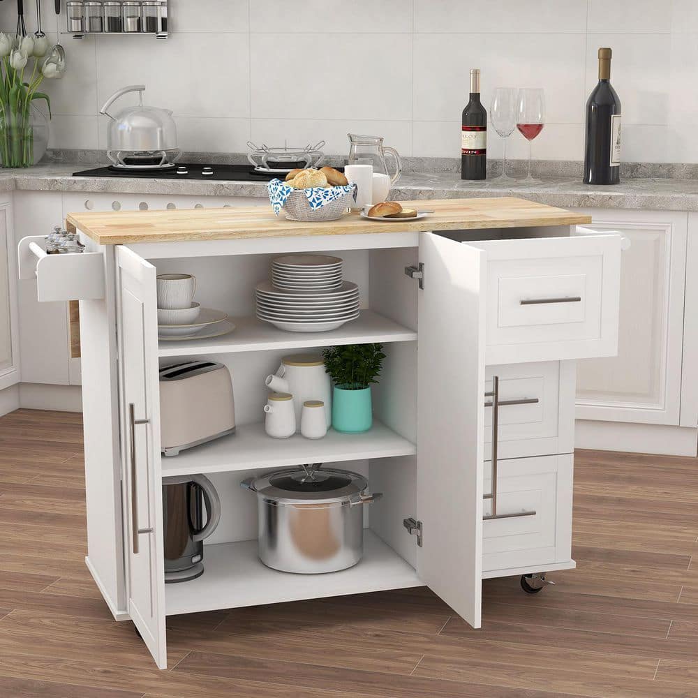 Tileon White Kitchen Island with Extensible Solid Wood Folding Table Top and Towel Rack, Spice Rack