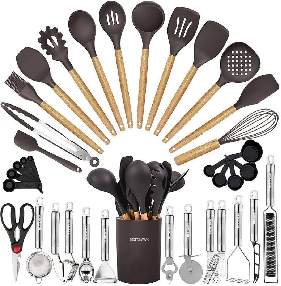 Aoibox 35-Piece Wooden Handle Nonstick Silicon Kitchen Utensils Cookware Set w/Grater, Tongs, Spoon Spatula & Turner, Dark Gray