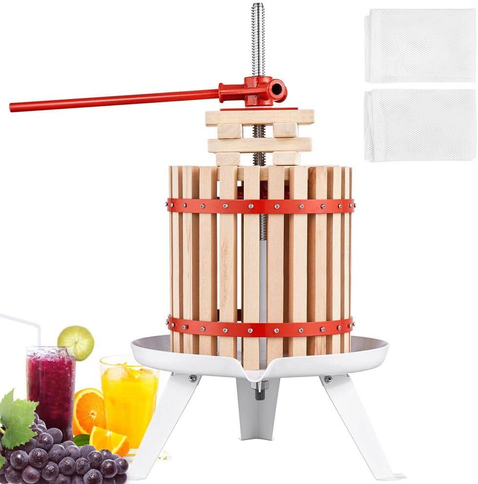 VEVOR Fruit Wine Press, 1.6 Gal. /6 l, Solid Wood Basket with 6-Blocks, Manual Juice Maker Pole Handle for Kitchen and Home