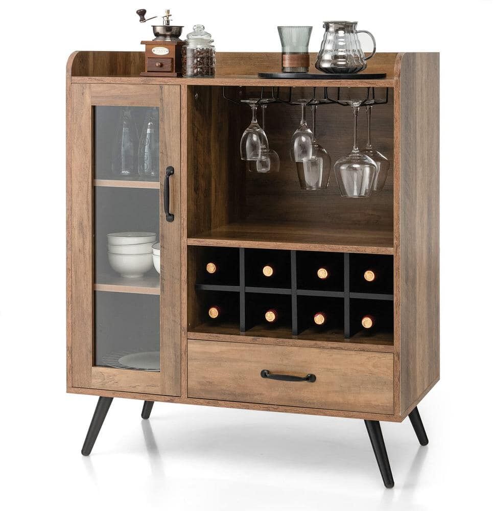 Bunpeony Brown Kitchen Pantry Cabinet Buffet with Drawer and Wine Cabinet