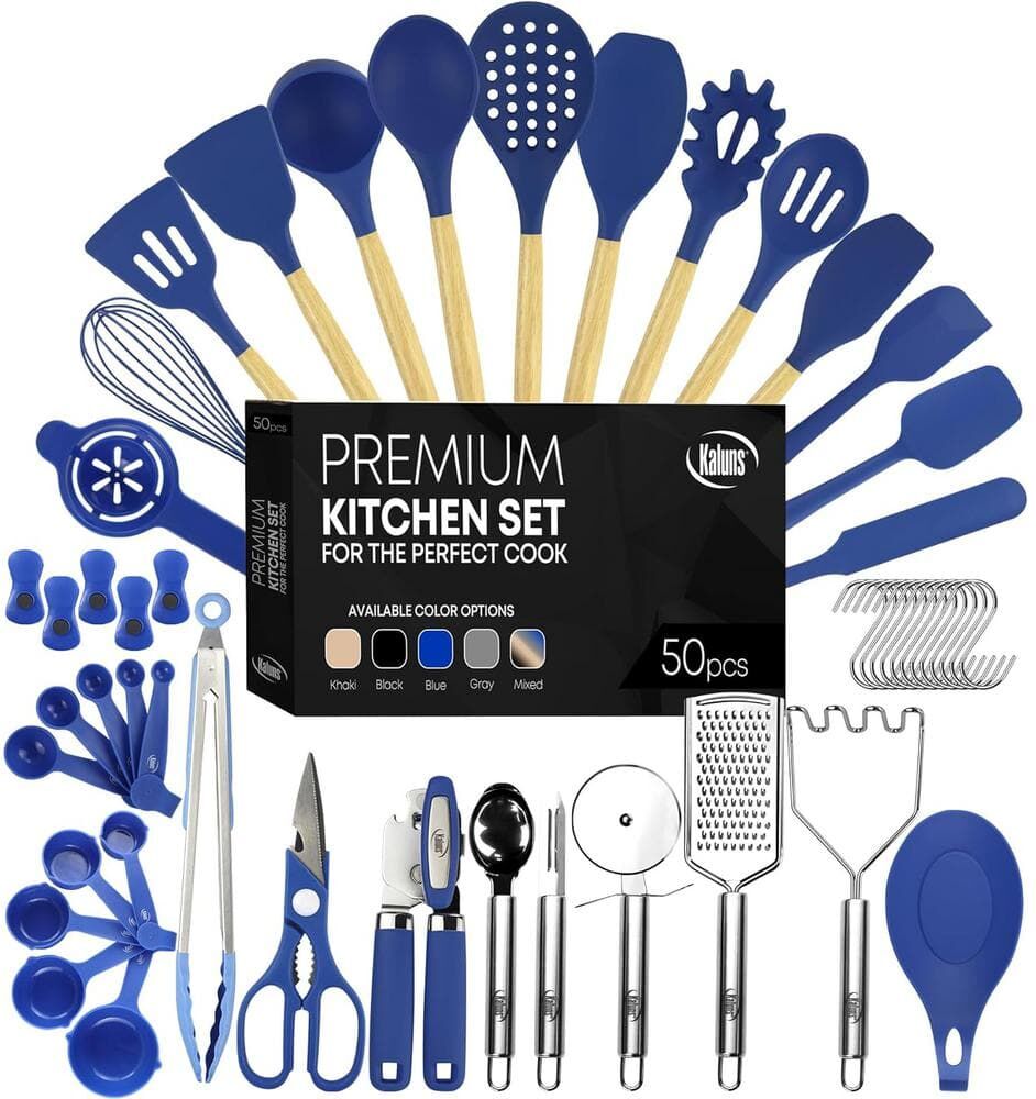 Kaluns Blue, 50-Piece Set of Silicone Kitchen Utensils, Complete Kitchen Set, Premium Silicone Cooking Utensils