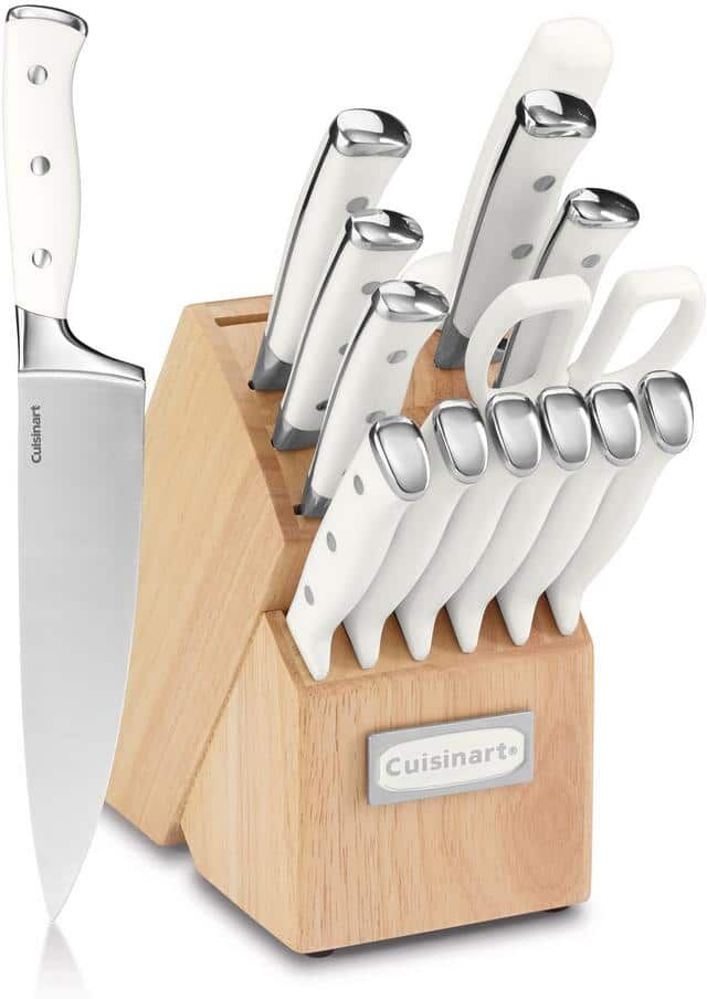 Cuisinart Triple Rivet 15-Piece White Knife Set with Storage Block