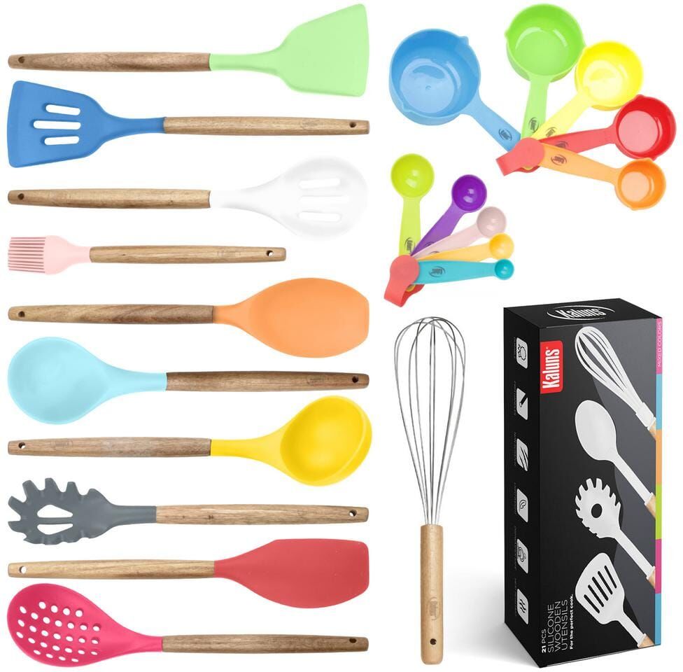 Kaluns Multi Color Utensils Wood And Silicone Cooking Utensil Set (Set of 21)