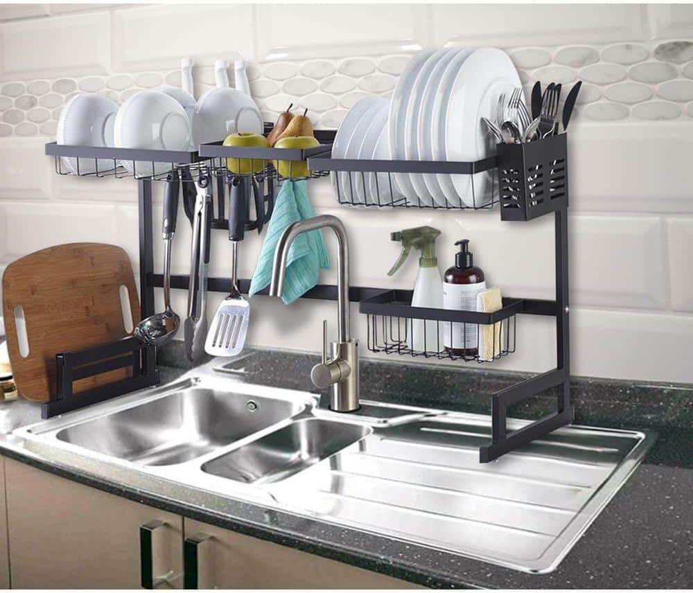 LEXI HOME X-Large Over the Sink Adjustable Dish Rack Drainer with Utensils Hooks Cutlery Holder