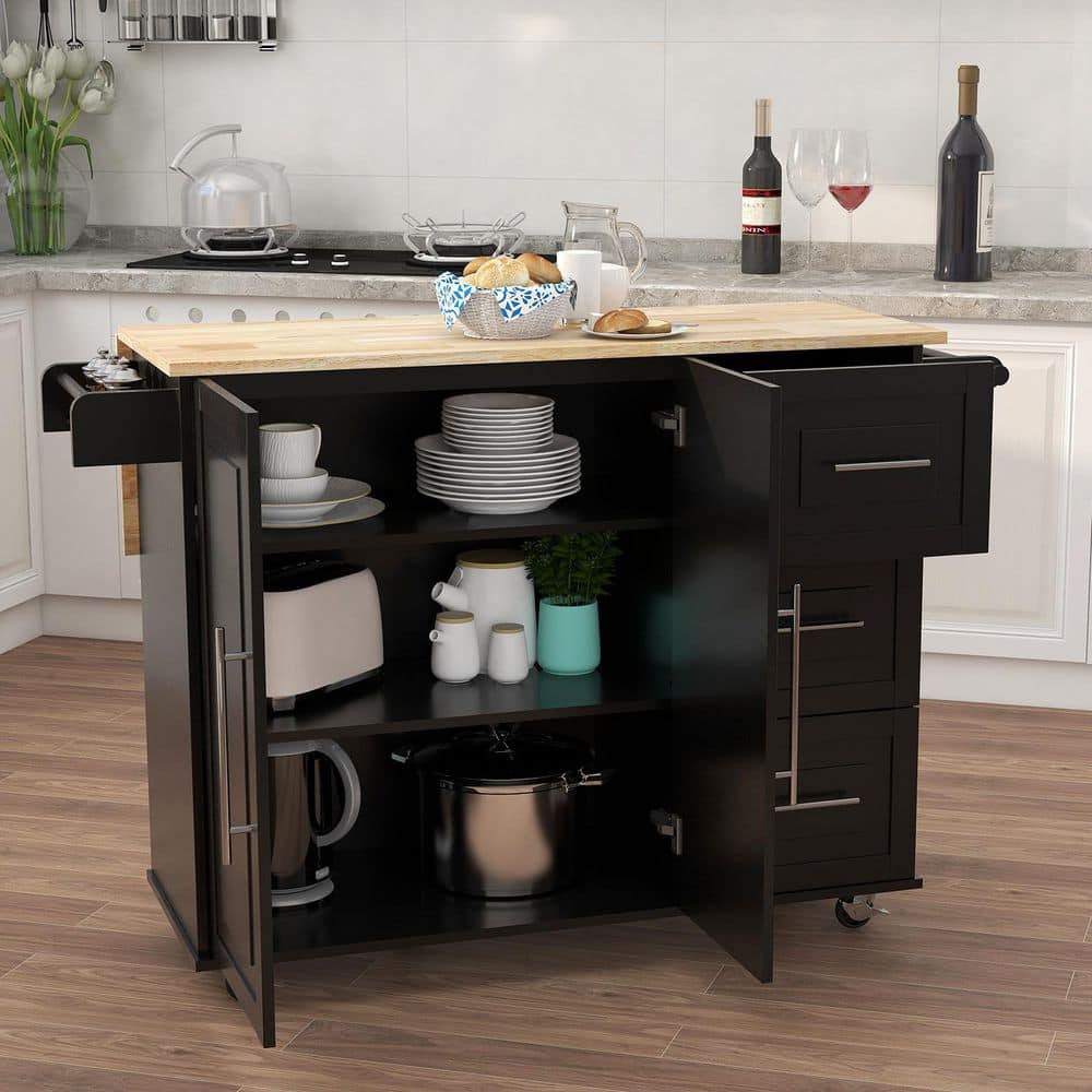 Black Solid Wood Table Top Extensible Kitchen Island with Spice Rack and Towel Rack