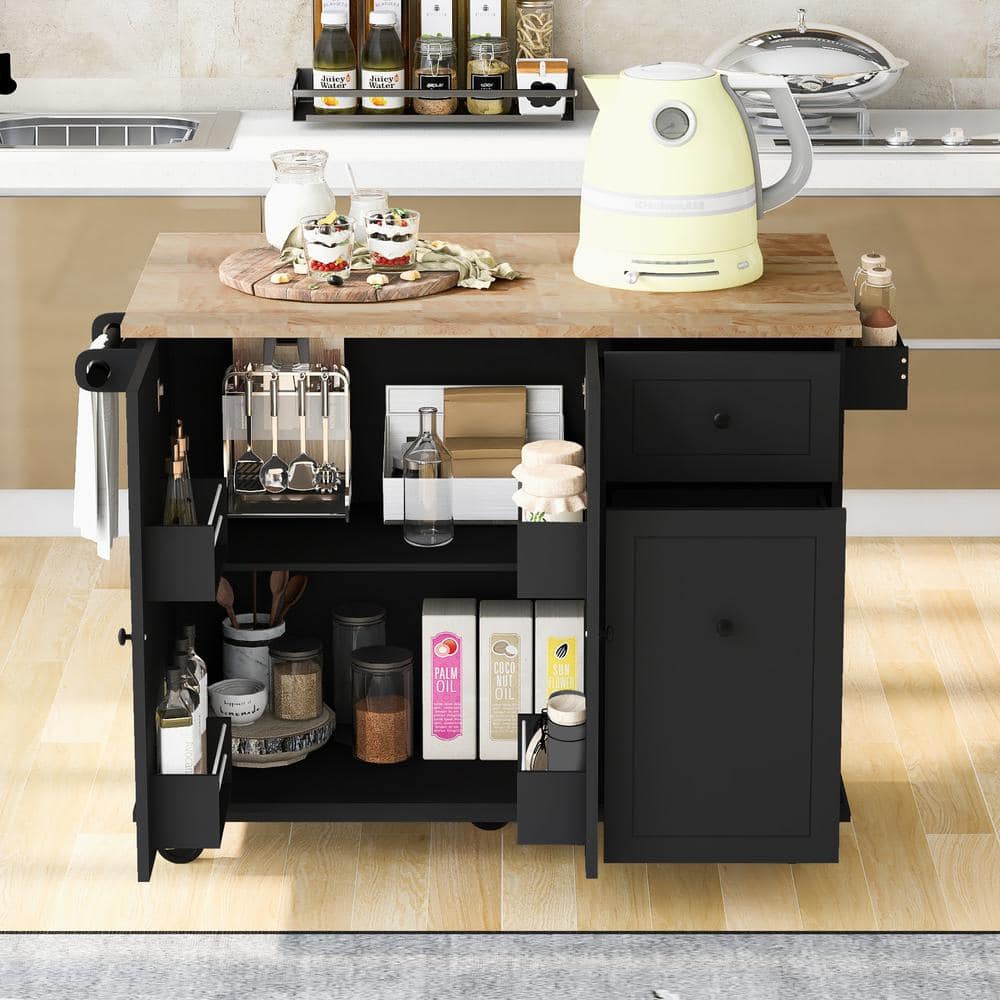 Cesicia Black Rubber Wood Drop-Leaf Countertop 53.9 in. Kitchen Island on 5 Wheels with Spice Rack and Towel Rack