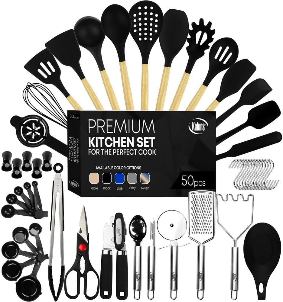 Kaluns Black, 50-Piece Set of Silicone Kitchen Utensils, Complete Kitchen Set, Premium Silicone Cooking Utensils