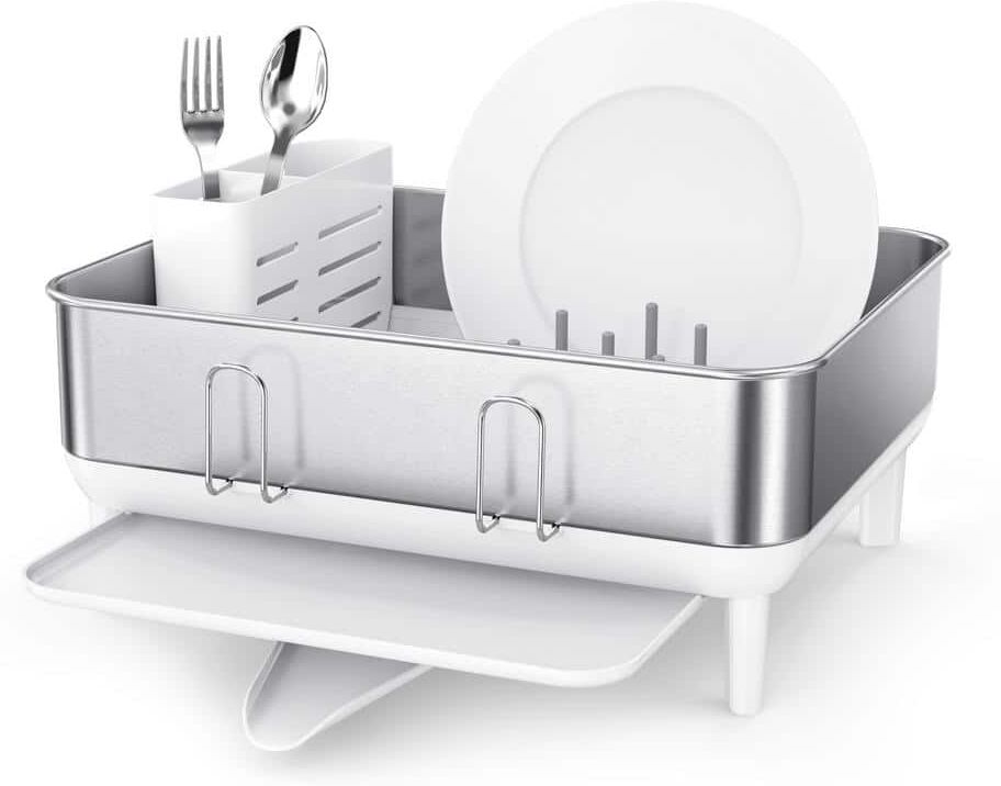 simplehuman Compact Kitchen Steel Frame Dish Rack with Swivel SpOut, White Plastic