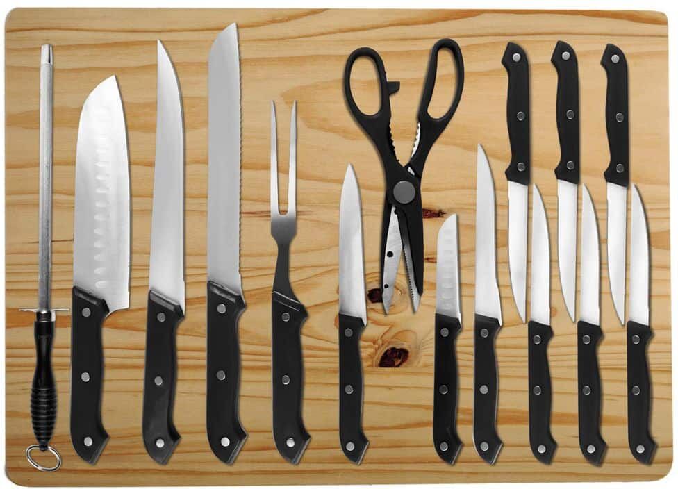 LEXI HOME Stainless Steel,Cutting Board  16-Piece Black Cutlery Set with Jumbo