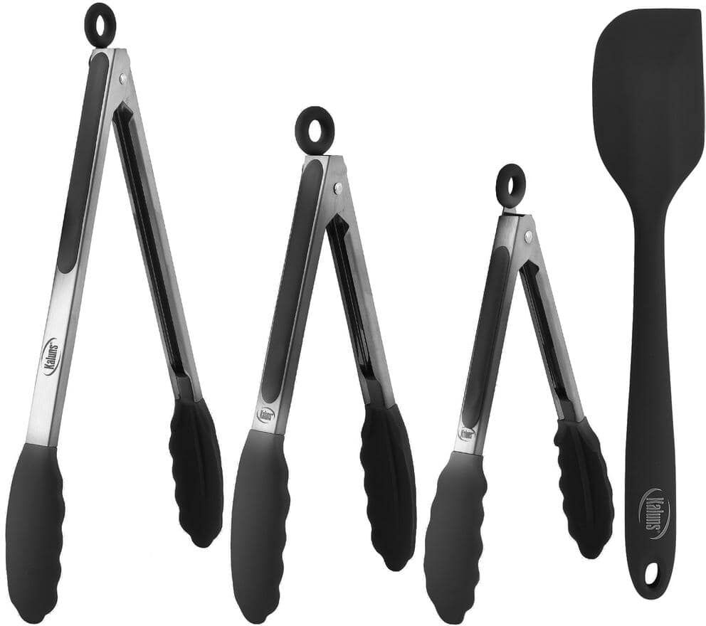 Kaluns Non-Stick Silicone Tip Black Stainless-Steel Tongs and Spatula (Set of 4)