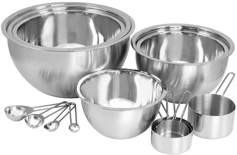 MegaChef 14-Piece Stainless Steel Measuring-cup and Spoon Set with Mixing Bowls