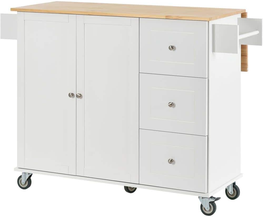 ARTCHIRLY Brown Solid Wood Top 52.7 in. White Kitchen Island with Drop Leaf Breakfast Bar and Drawer