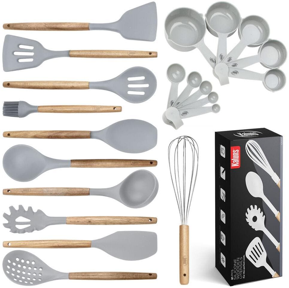 Kaluns Gray Utensils Wood And Silicone Cooking Utensil Set (Set of 21)