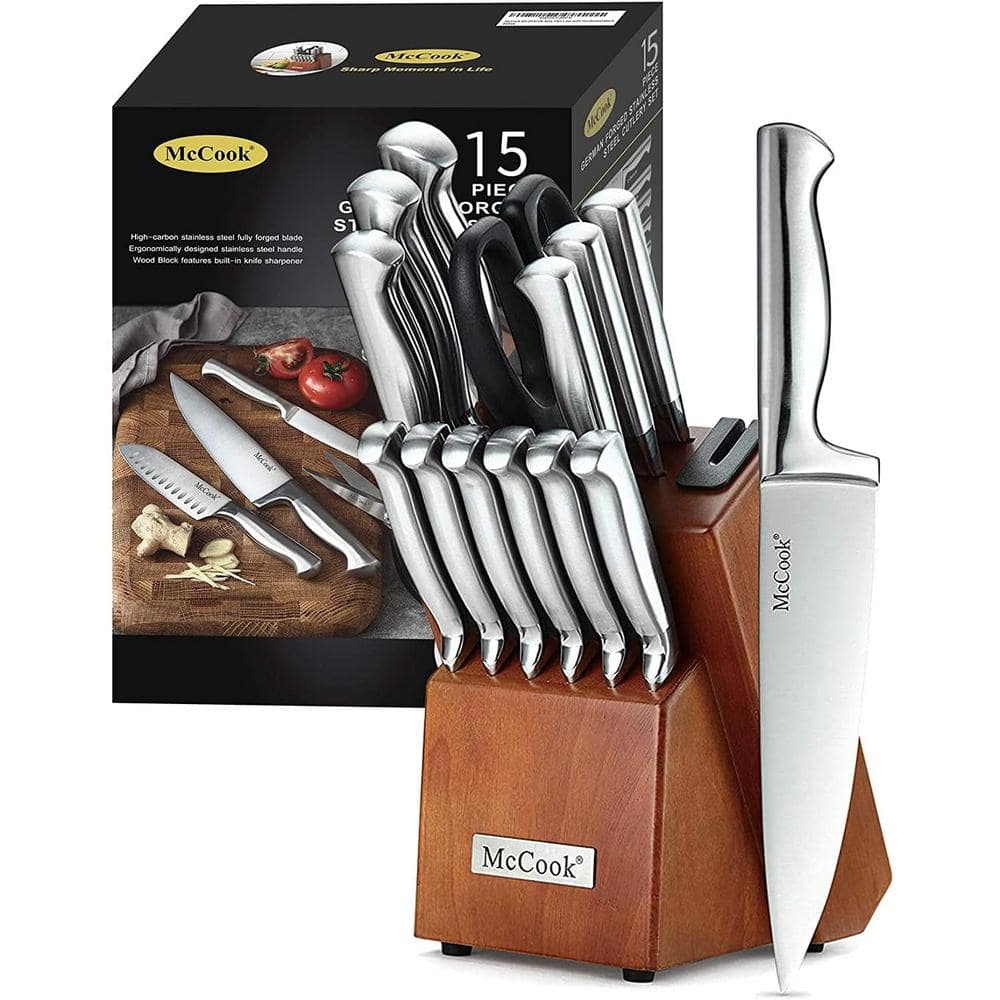 Aoibox 15-Piece Kitchen Cutlery Knife Block Set with Built-in Sharpener Stainless Steel