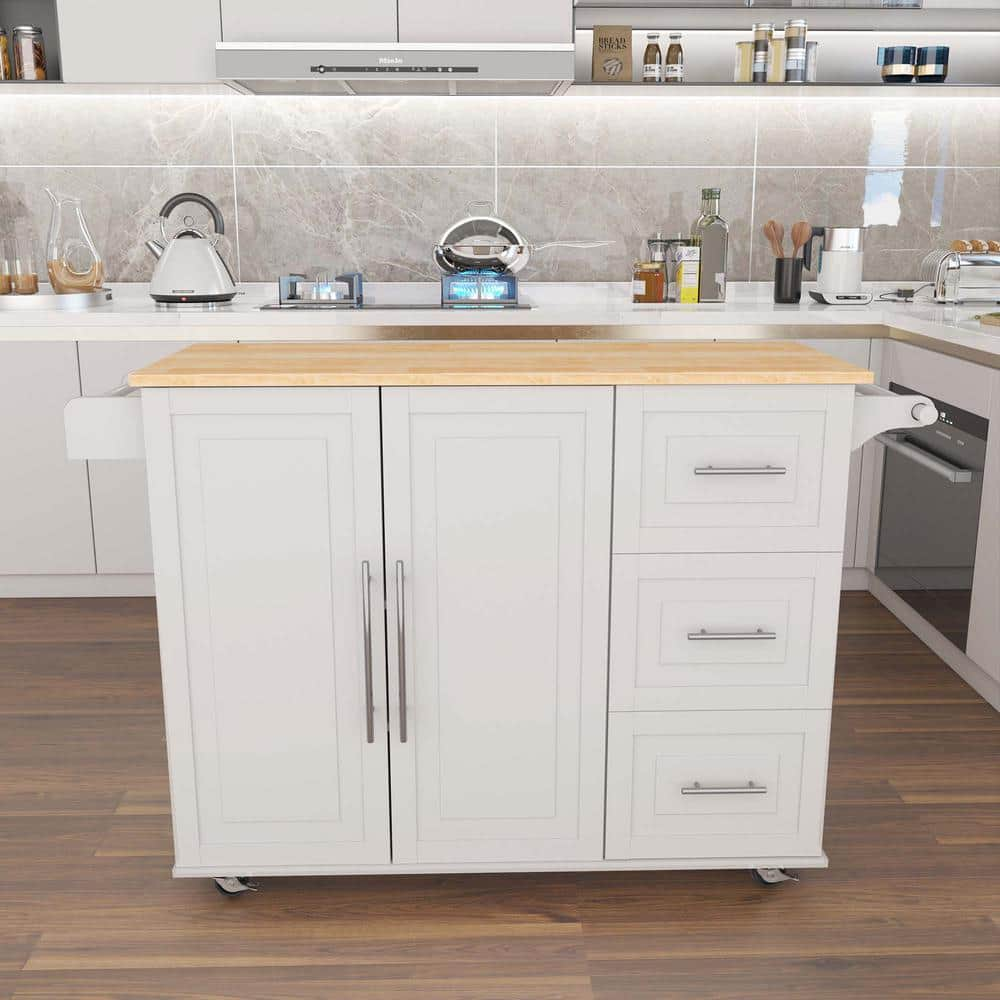 White Wooden Kitchen Island with Spice Rack, Towel Rack & Extensible Solid Wood Table