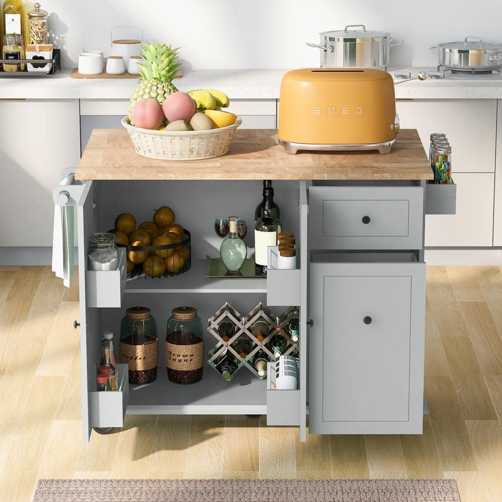 Cesicia Gray Blue Rubber Wood Drop-Leaf Countertop 53.9 in. Kitchen Island on 5 Wheels with Spice Rack and Towel Rack