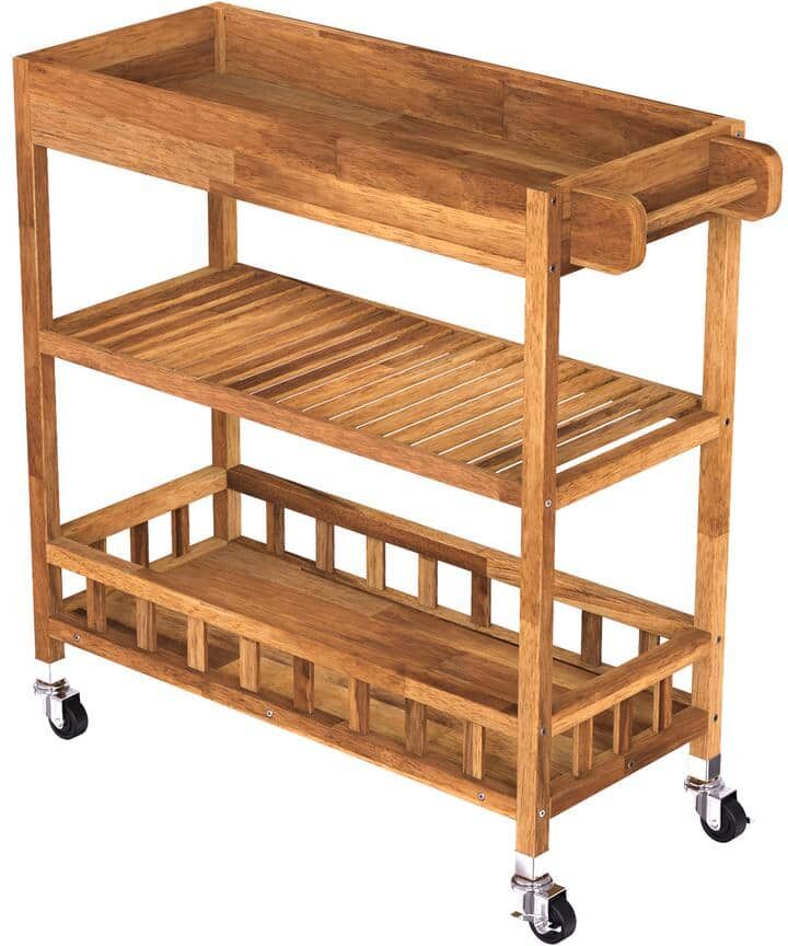 Interbuild 3 Tier Large Solid Acacia Kitchen Cart, Golden Teak, with Tray