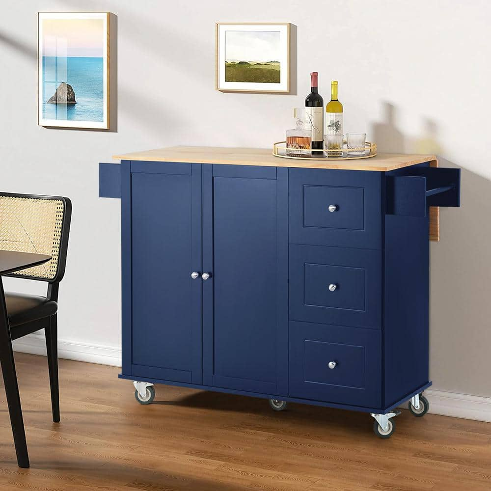 WarmieHomy Kitchen Cart with Solid Wood Top, Locking Wheels, Storage Cabinet and Drop Leaf Breakfast Bar and Spice Rack in Blue