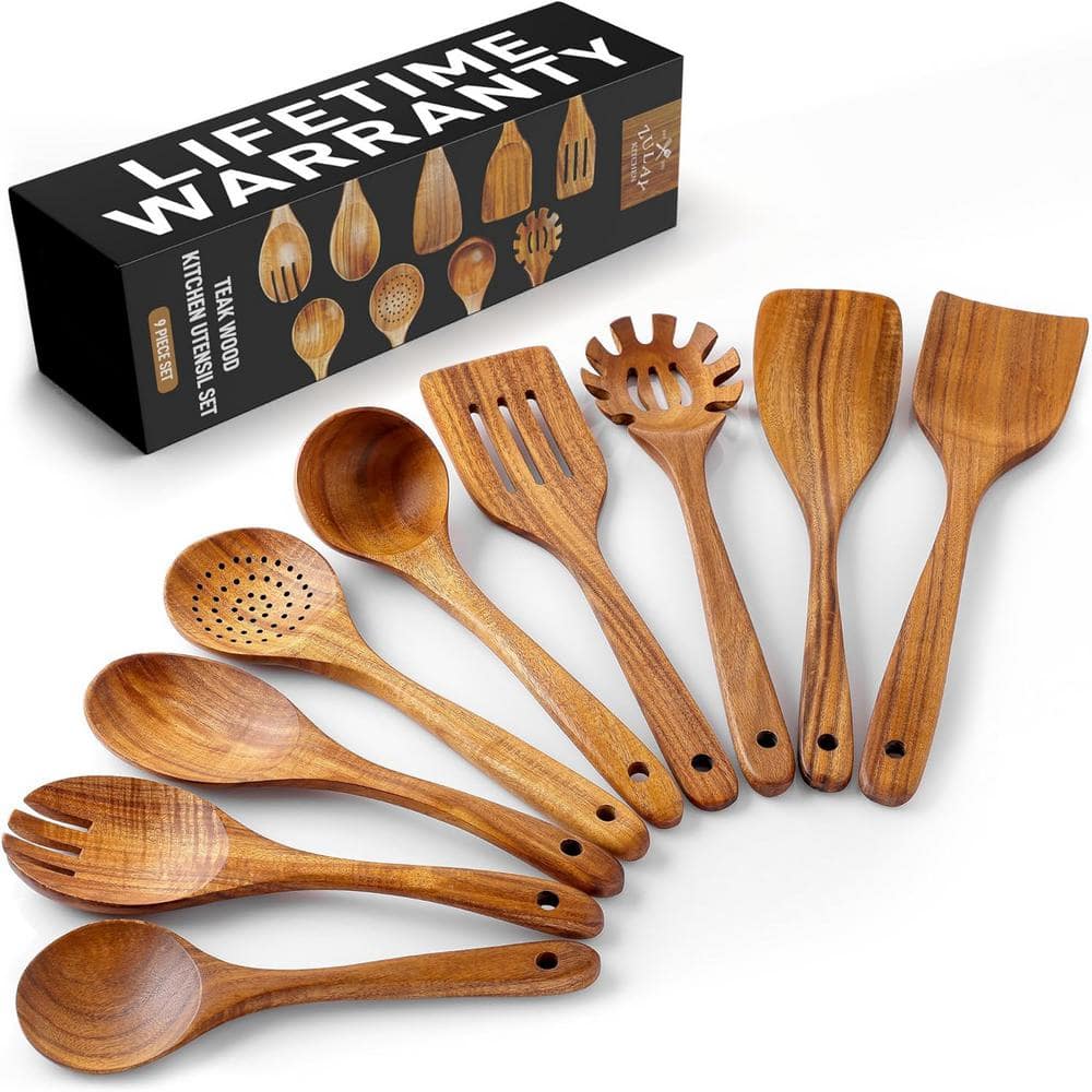 Aoibox 9-Piece Teak Wooden Utensils for Cooking-Smooth Finish Non-Stick Wooden Spoons for Cooking-Comfortable Grip Utensil Set