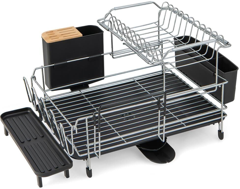 Costway Silver and Black 2-Tier Drying Dish Rack Rustproof Dish Rack and Drainboard Set Kitchen Counter