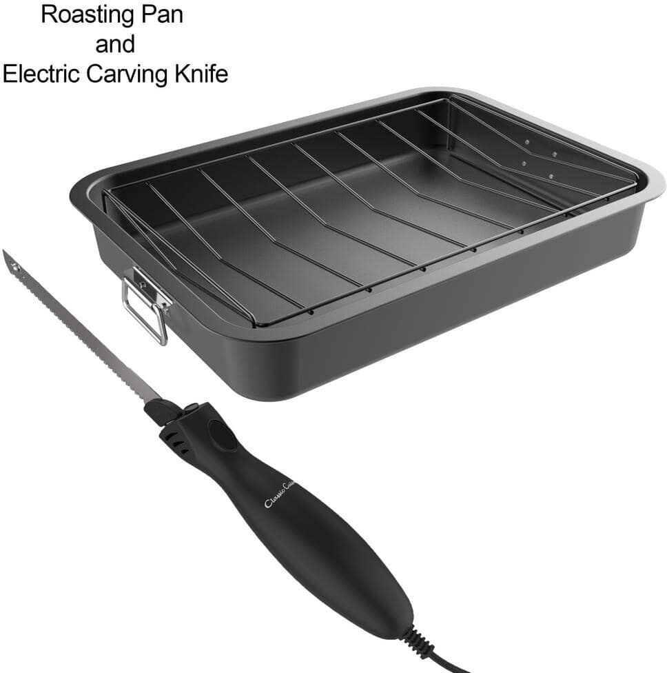 Classic Cuisine 5.3 qt. Carbon Steel Non-Stick Roasting Pan with Removable Wire Rack and 8 in. Electric Carving Knife