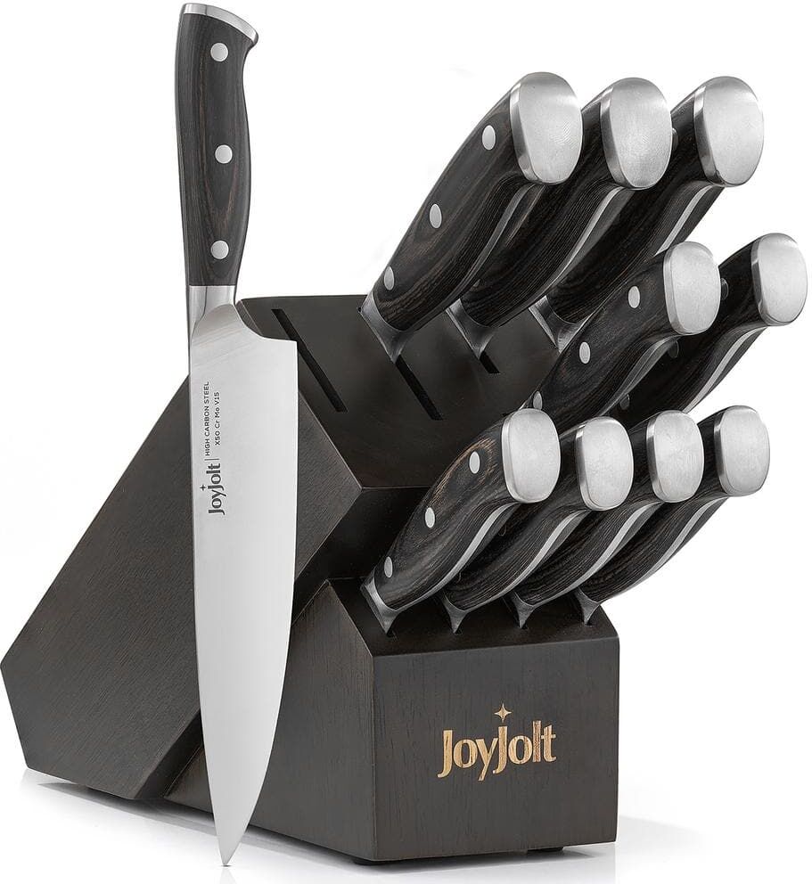 JoyJolt 11-Piece High-Carbon Steel Assorted Kitchen Knife Set with Wooden Knife Block