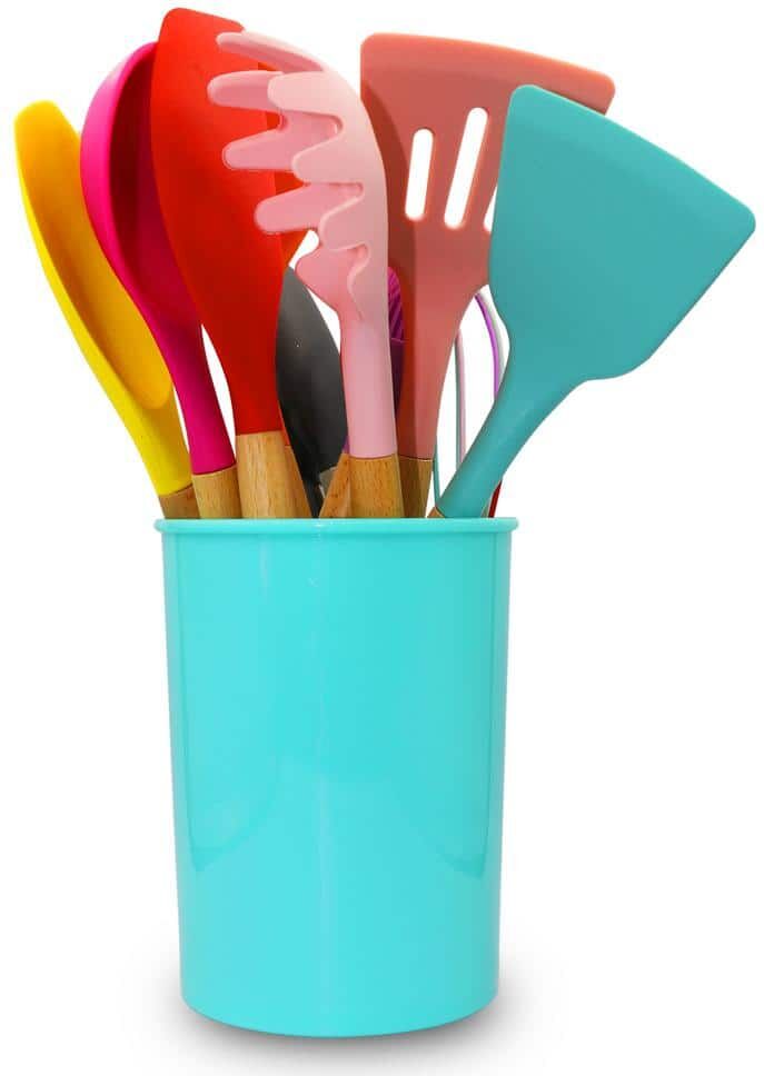 CHEER COLLECTION 12 Piece Multicolor Silicone Spatula Set with Wooden Handles - Non-Stick Silicone Utensils for Cooking