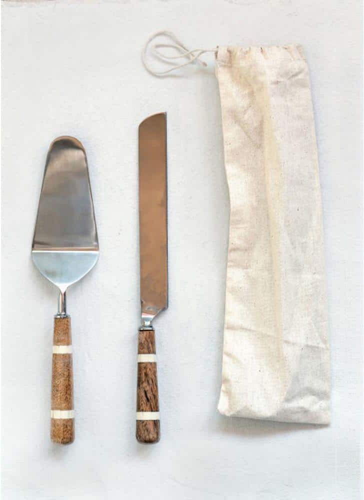 Storied Home Stainless Steel Cake Knife and Server w/Wood and Horn Handles (Set of 2)