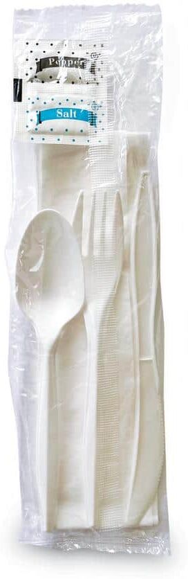 GEN Wrapped Cutlery Kit, Fork/Knife/Spoon/Napkin/Salt/Pepper, White, 250 Per Case