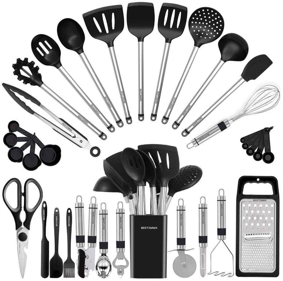 Aoibox 33-Pieces Nonstick Silicon Kitchen Utensils Cookware Set with Gadgets, Spatula Set and Spoons, Black