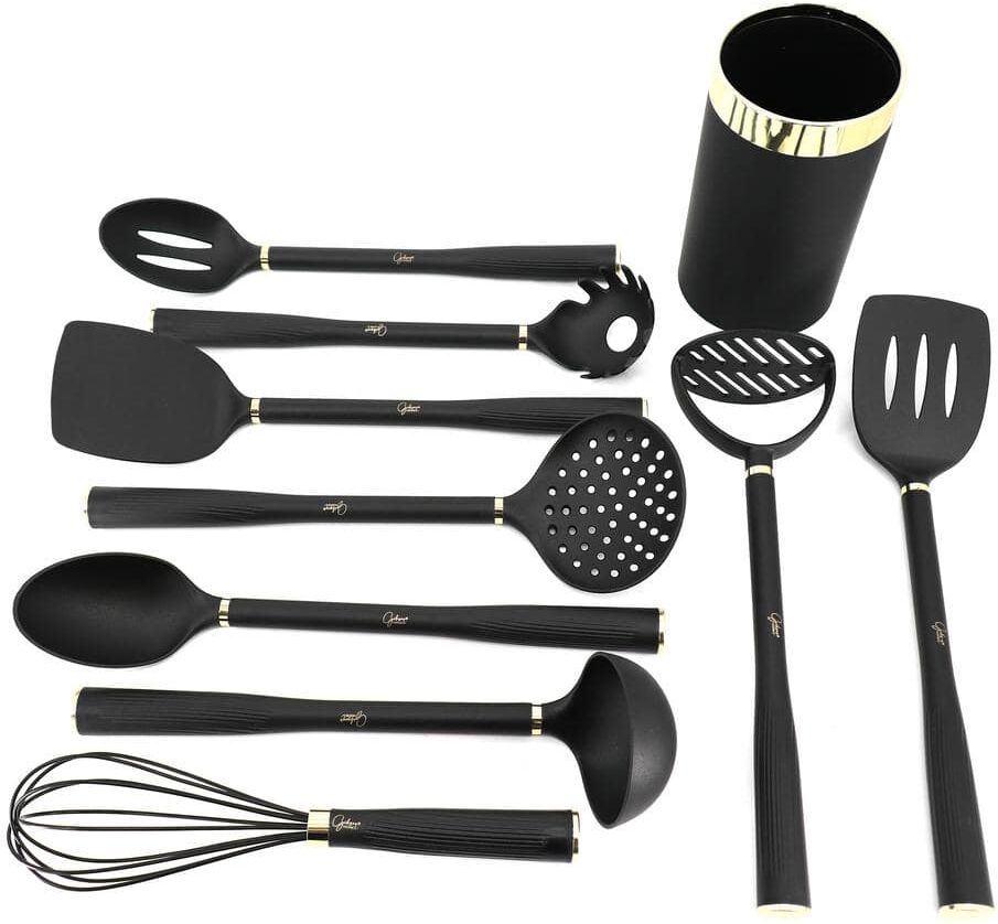 Gibson Hamps Bridge 10-Piece Nylon Kitchen Tool Set and Utensil Crock in Black and Gold