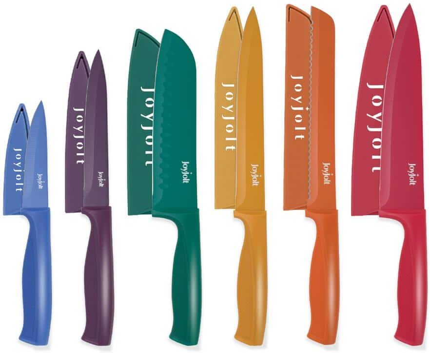 JoyJolt Multi Color 12-Piece Stainless Steel Multi Purpose Kitchen Knife Set - Knives and 6 Blade Covers (Set of 6)