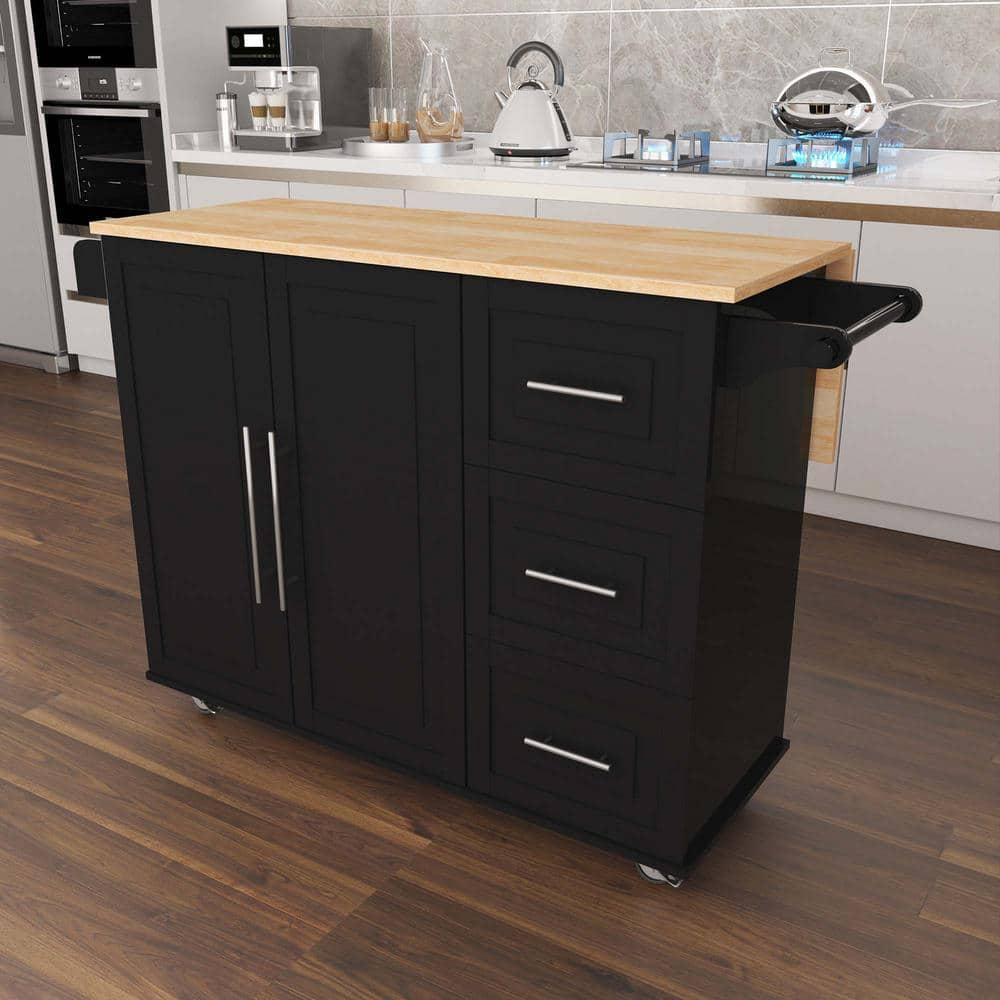 BlackWooden Kitchen Island with Spice Rack, Towel Rack and Extensible Solid Wood Table